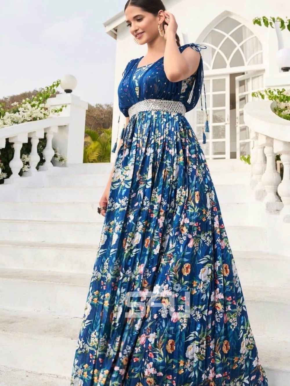1love Blue Floral Maxi Pleated Dress with Wide Silver Sequined Belt